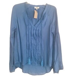 Umgee Boho Tie-Front Top Fluted Sheer Long Sleeved Sleeves Blue Size Small
